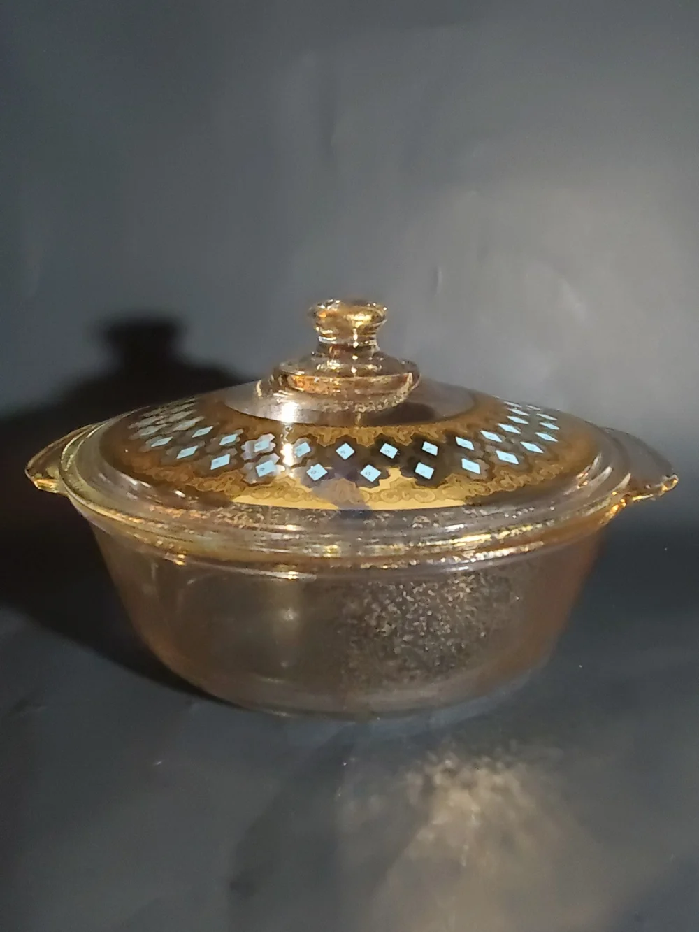 Vintage Fire King Georges Briard Gold & Teal Decorative Glass Casserole Dish MCM